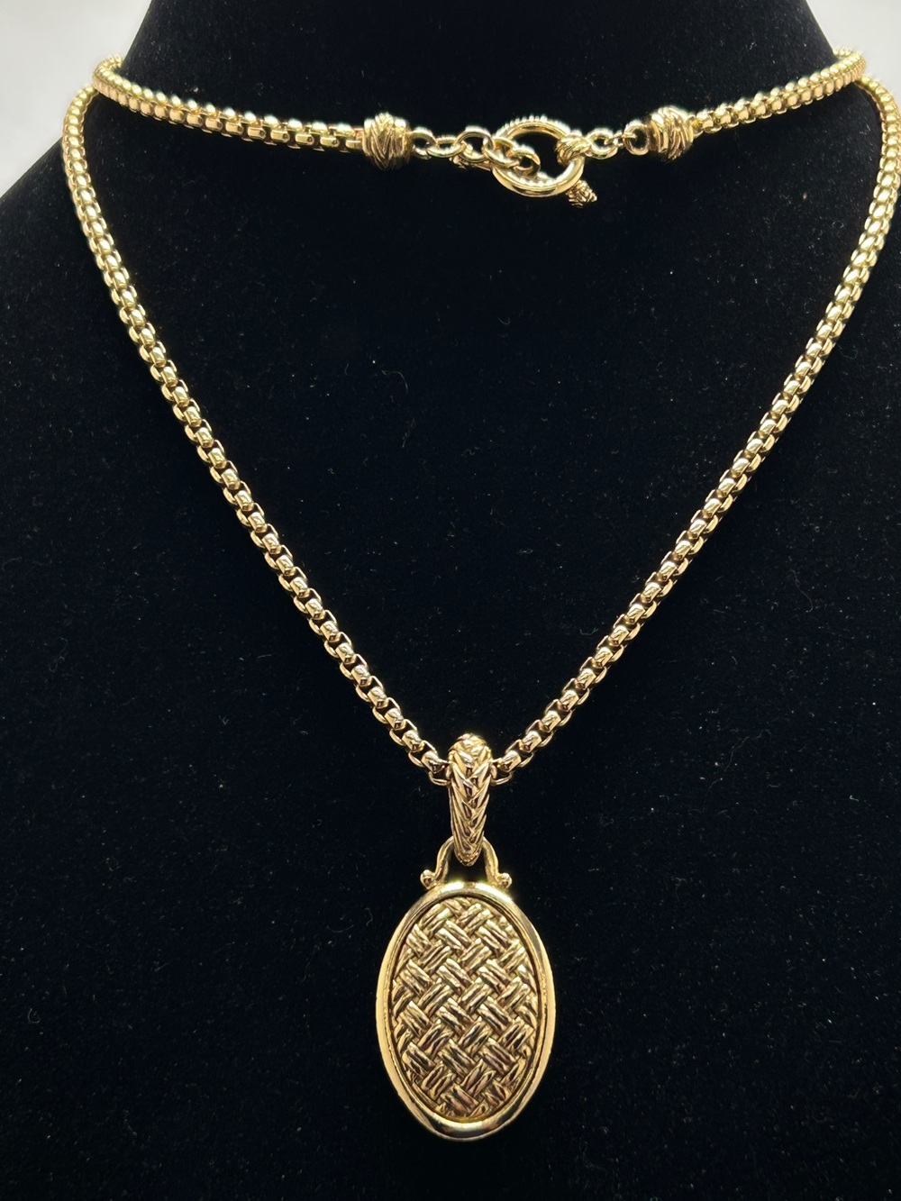 Long Gold Popcorn Chain With Basket Weave Pendant, High Quality